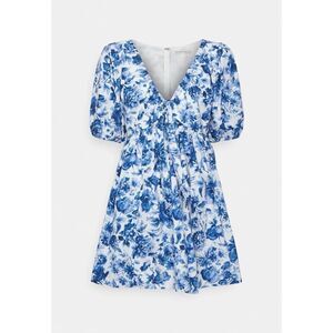 Abercrombie & Fitch Blue Floral Mini Dress Cotton Blend Puff Sleeve Size XS